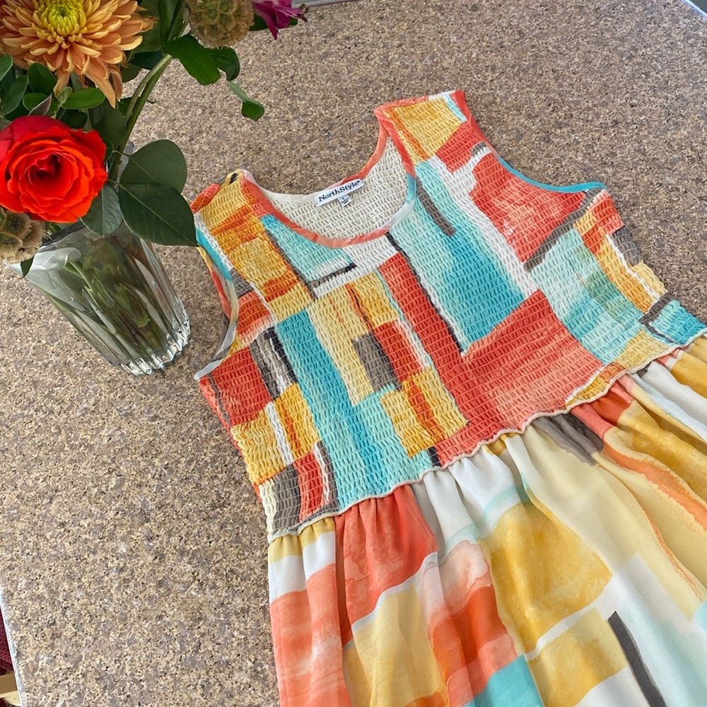 NorthStyle Sleeveless Dress Large Orange Yellow Blue